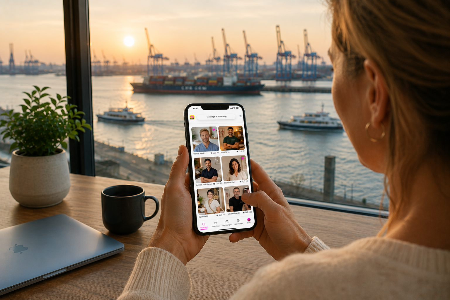 Jemand sucht in der Yipi-App nach Massagetherapeuten an einem sonnigen Fenster mit Hafenblick